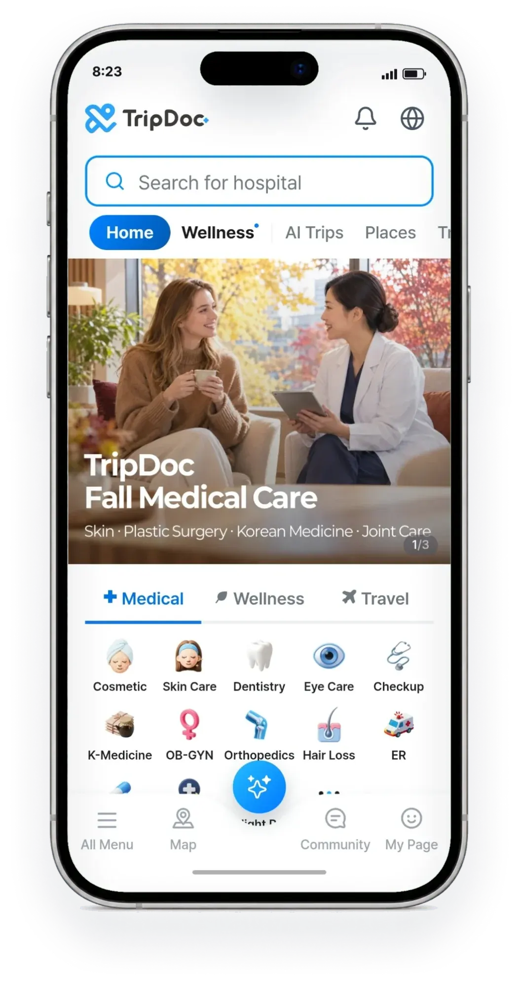 TripDocアプリのホーム画面。病院の検索バーと診療科目のメニューが表示されている