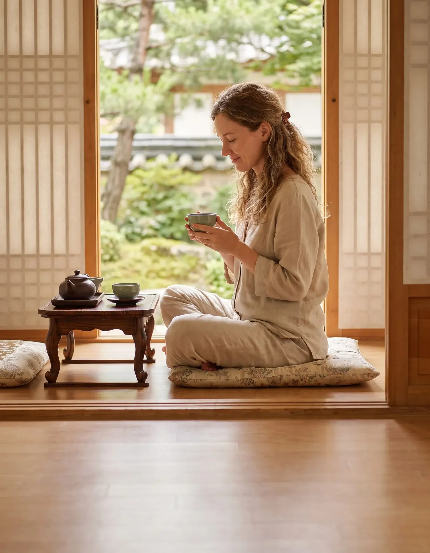Một du khách ngồi trong phòng hanok, nghỉ ngơi bên tách trà