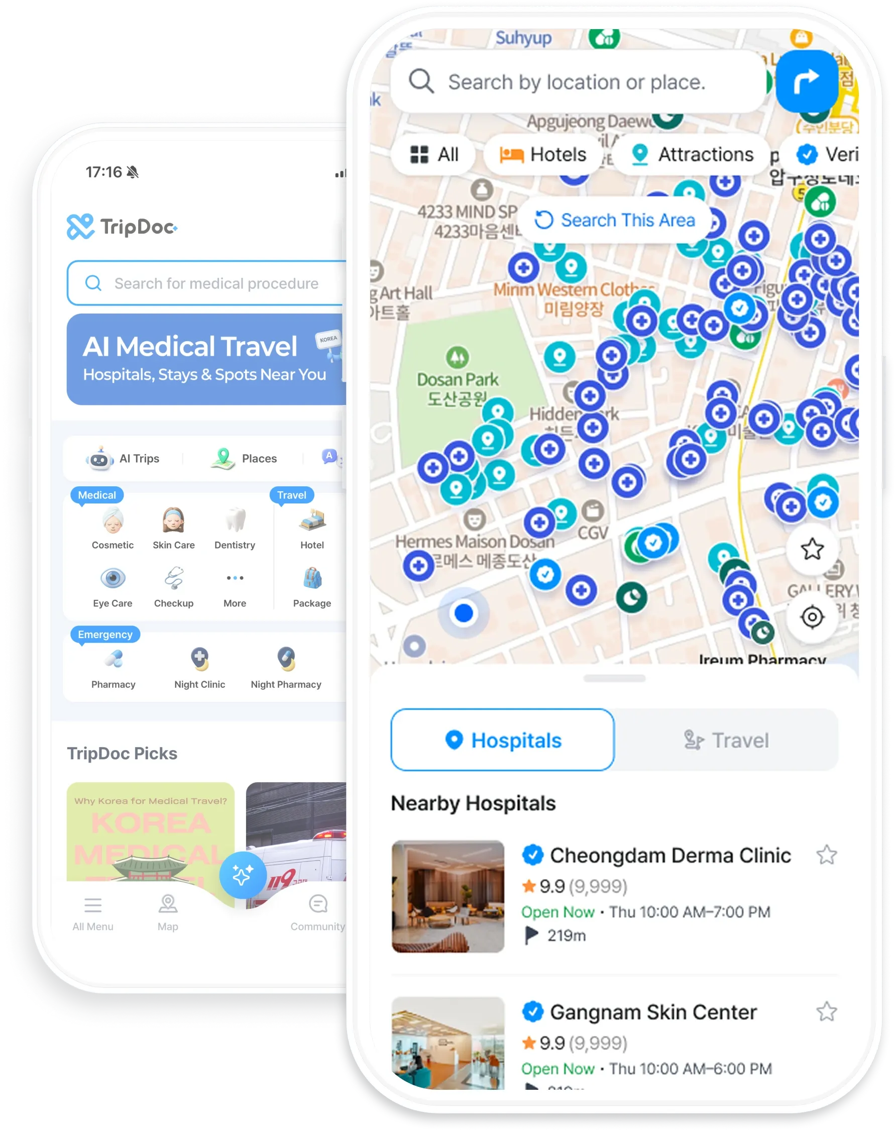 TripDocアプリのホーム画面。病院の検索バーと診療科目のメニューが表示されている