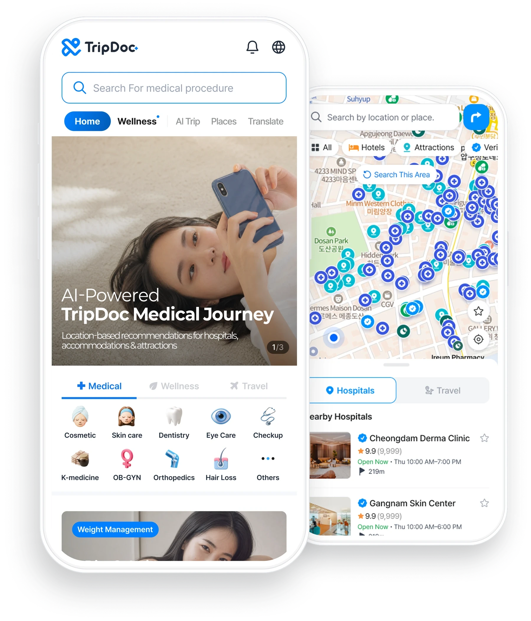 TripDocアプリのホーム画面。病院の検索バーと、皮膚科、歯科、眼科、健診などの診療科目アイコンが表示されている