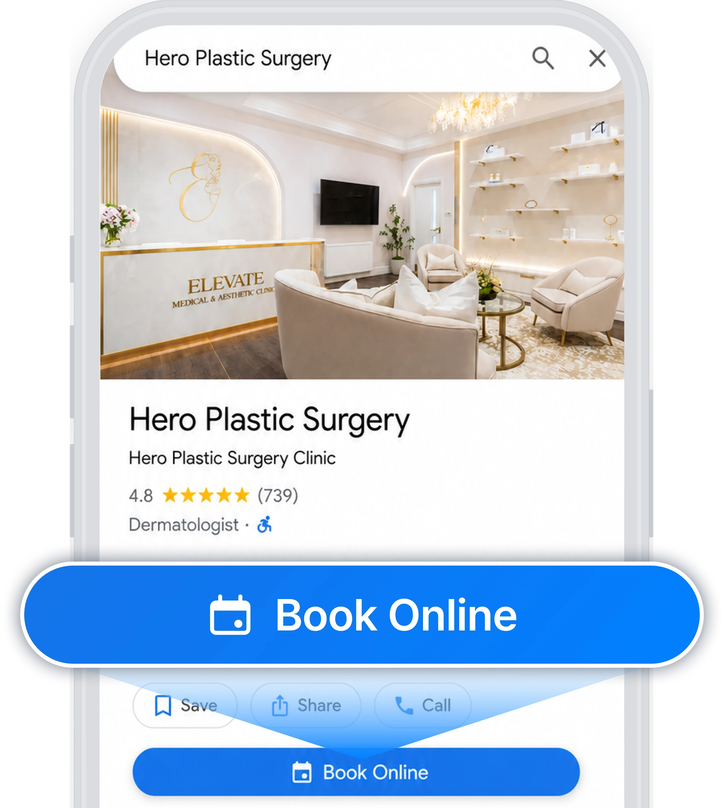 Googleの検索結果で、病院情報の下にオンライン予約ボタンが表示されたスマートフォン画面の例